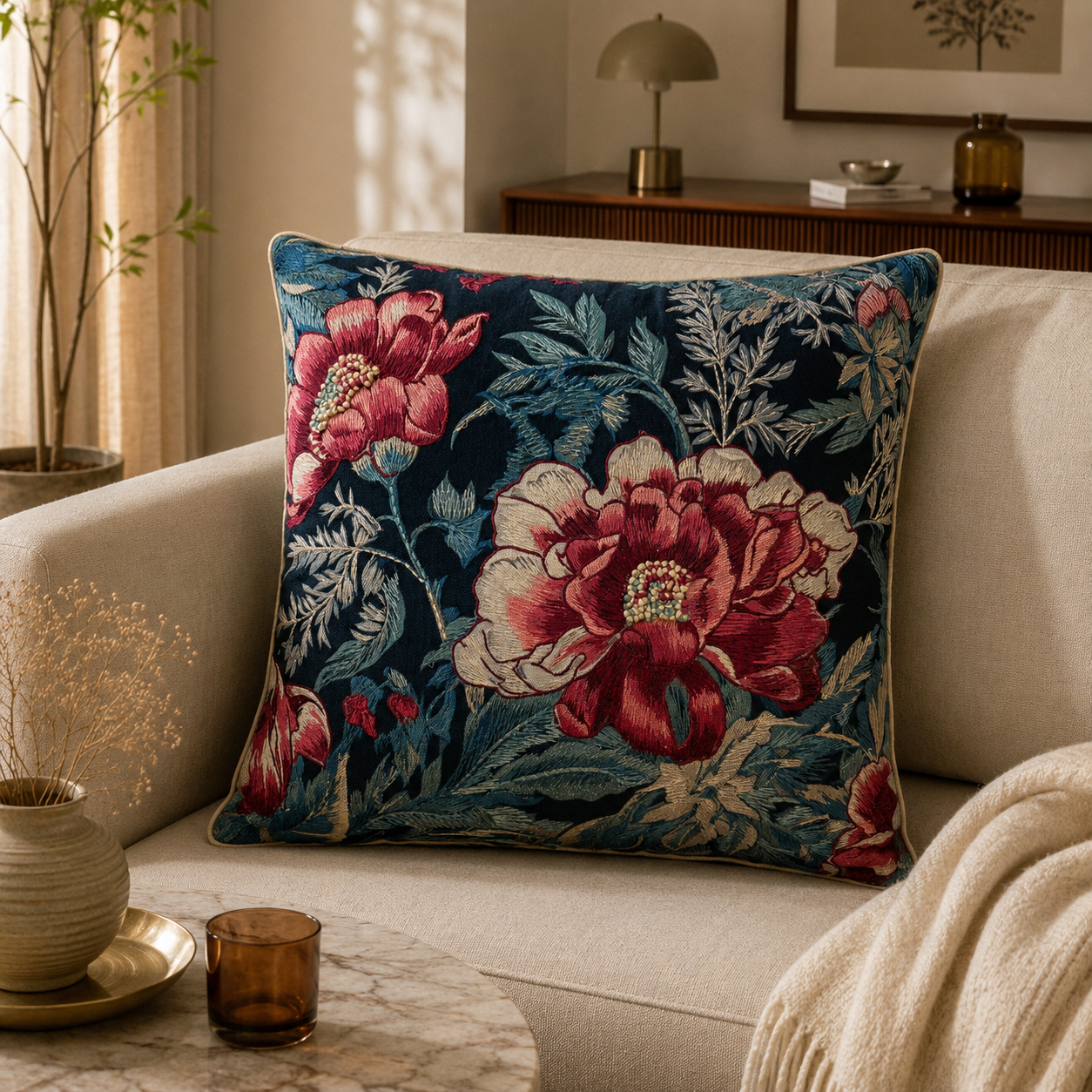 Midnight Bloom Embroidered Cushion