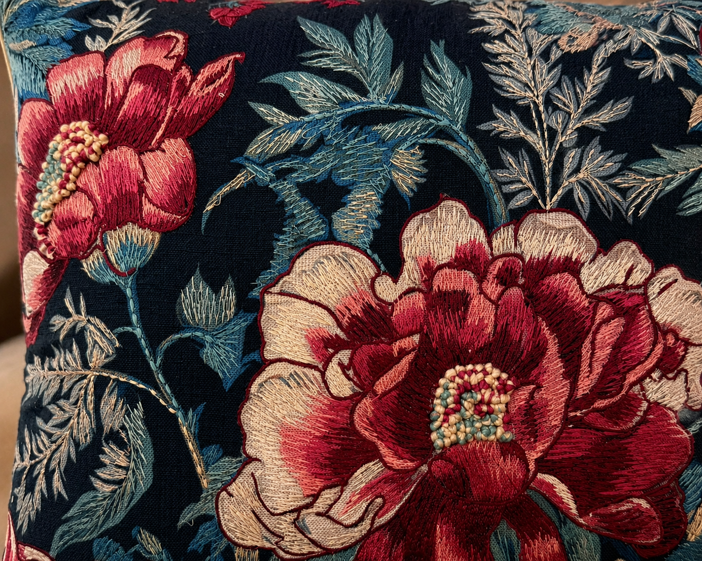 Midnight Bloom Embroidered Cushion