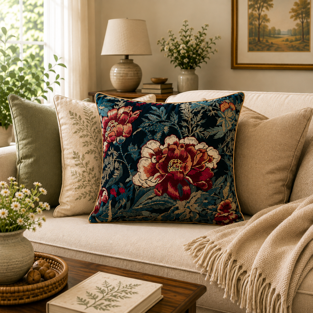 Midnight Bloom Embroidered Cushion