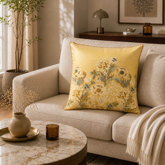 Golden Meadow Floral Embroidered Cushion