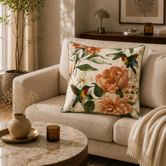 Hummingbird Bloom Embroidered Cushion