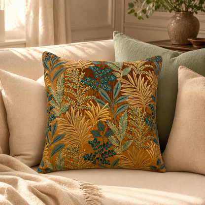 Amber Botanica Velvet Embroidered Cushion