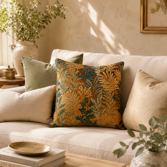 Amber Botanica Velvet Embroidered Cushion