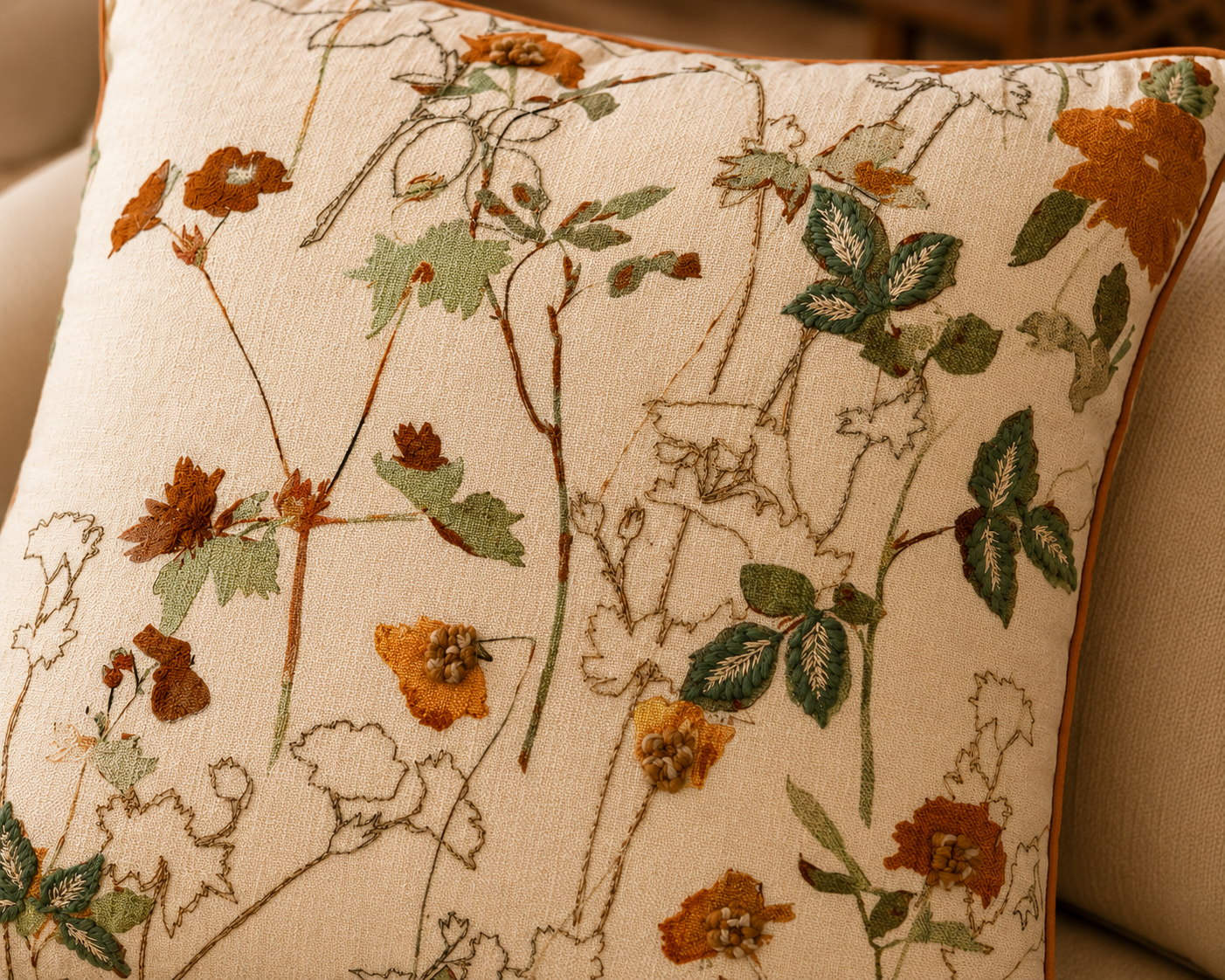 Rustic Meadow Embroidered Cushion