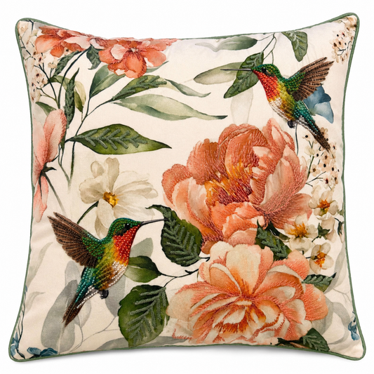 Hummingbird Bloom Embroidered Cushion