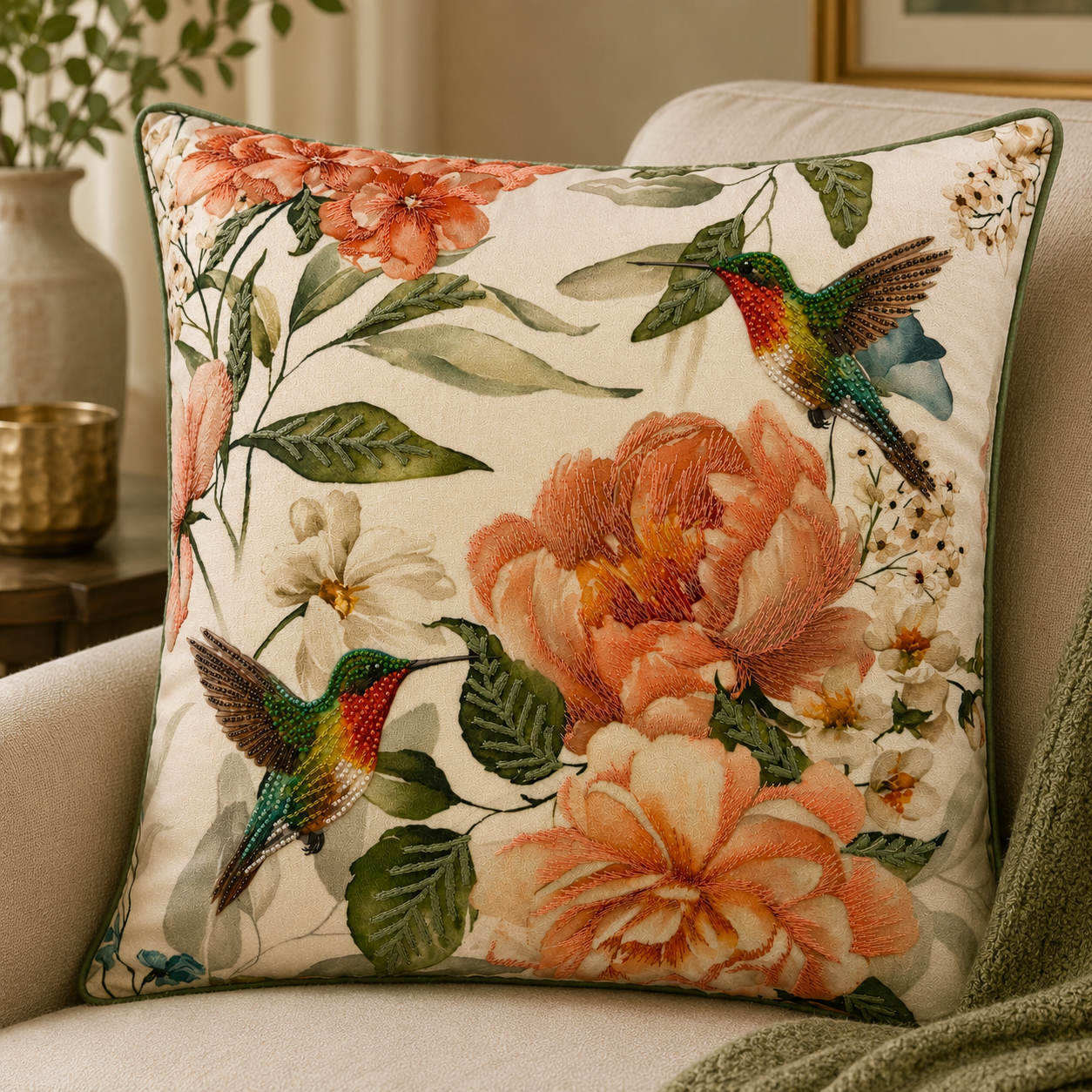Hummingbird Bloom Embroidered Cushion