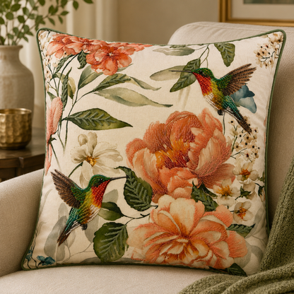 Hummingbird Bloom Embroidered Cushion