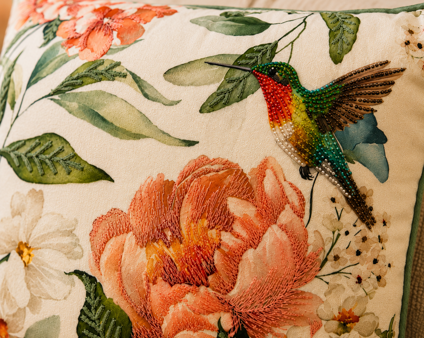 Hummingbird Bloom Embroidered Cushion