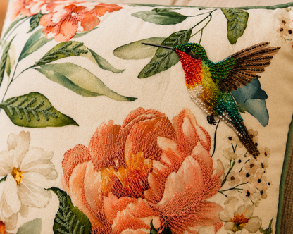 Hummingbird Bloom Embroidered Cushion