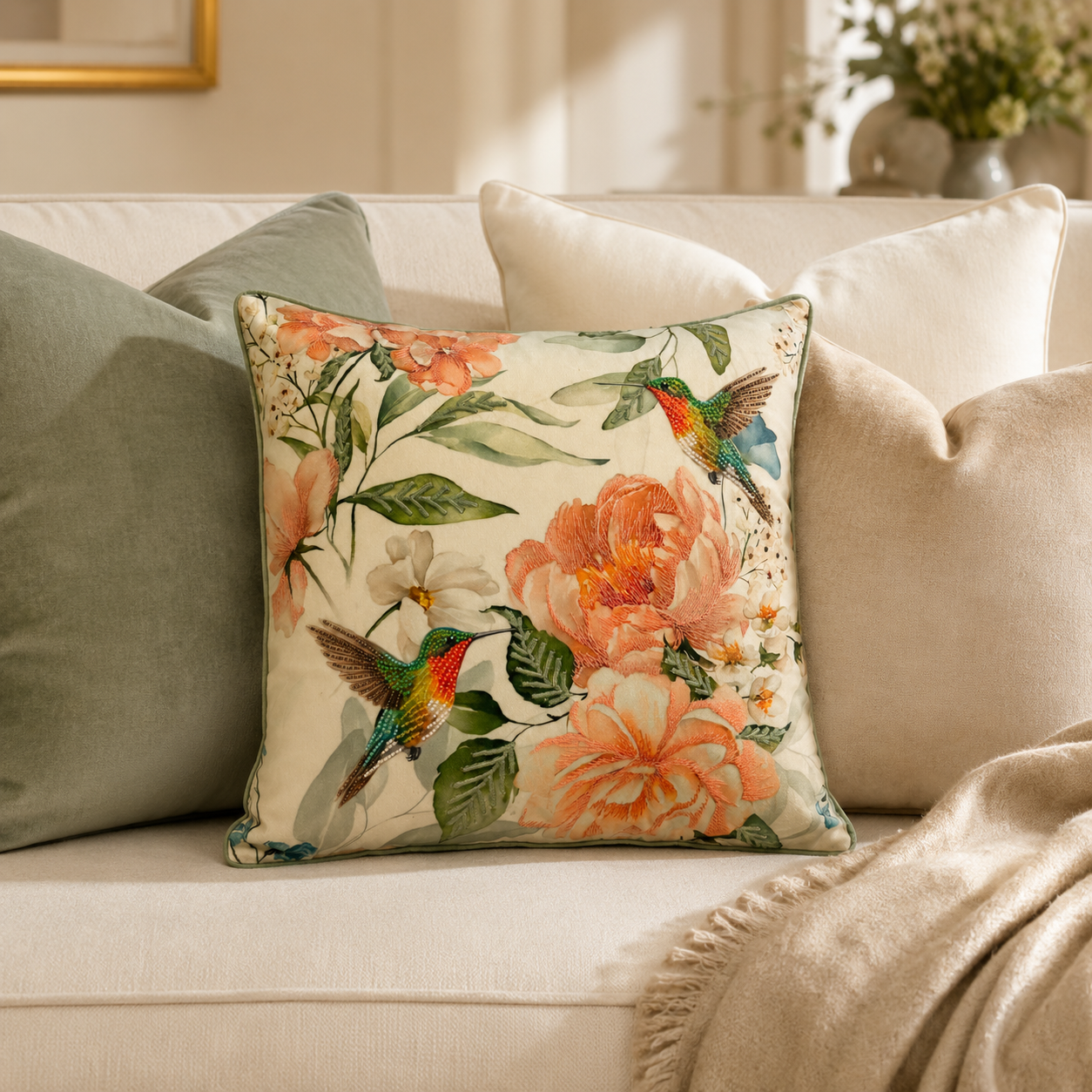 Hummingbird Bloom Embroidered Cushion