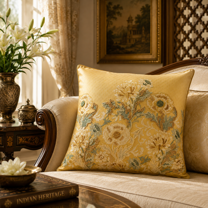 Golden Meadow Floral Embroidered Cushion