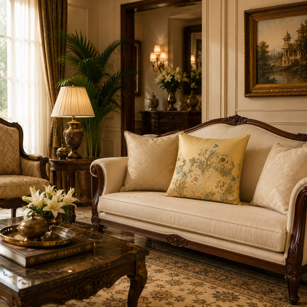 Golden Meadow Floral Embroidered Cushion