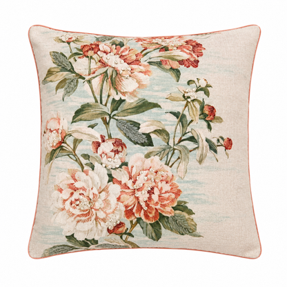 Coral Peony Garden Embroidered Cushion