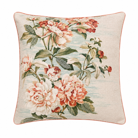 Coral Peony Garden Embroidered Cushion