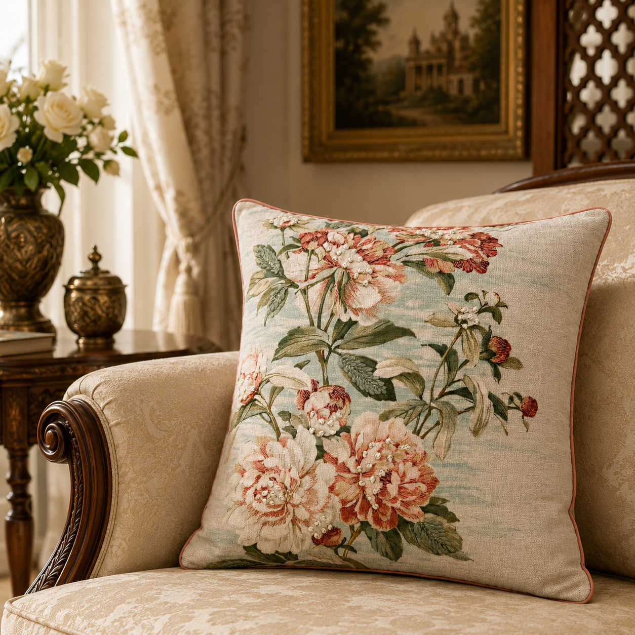 Coral Peony Garden Embroidered Cushion