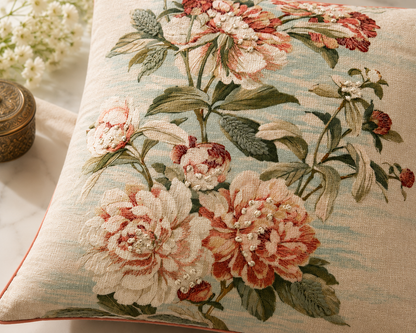 Coral Peony Garden Embroidered Cushion