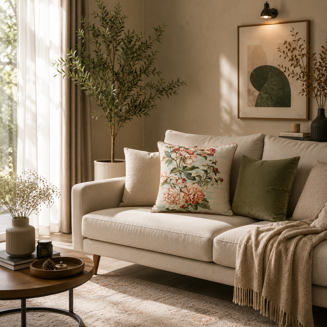 Coral Peony Garden Embroidered Cushion