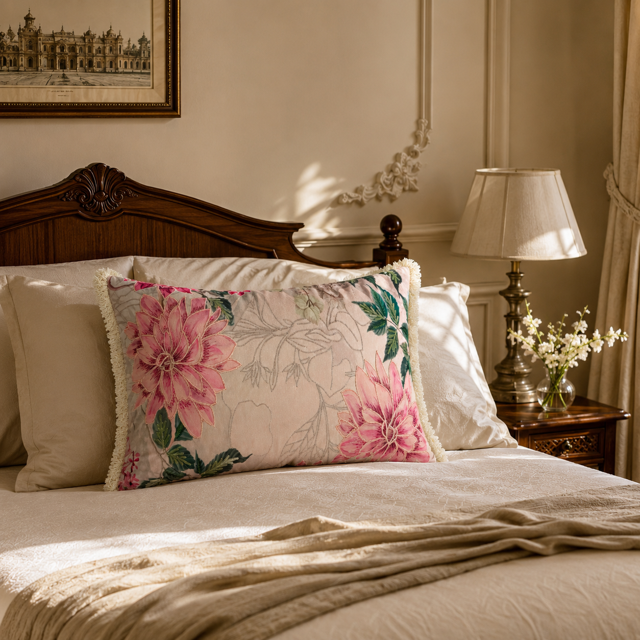 Blush Dahlia Fringe Lumbar Cushion