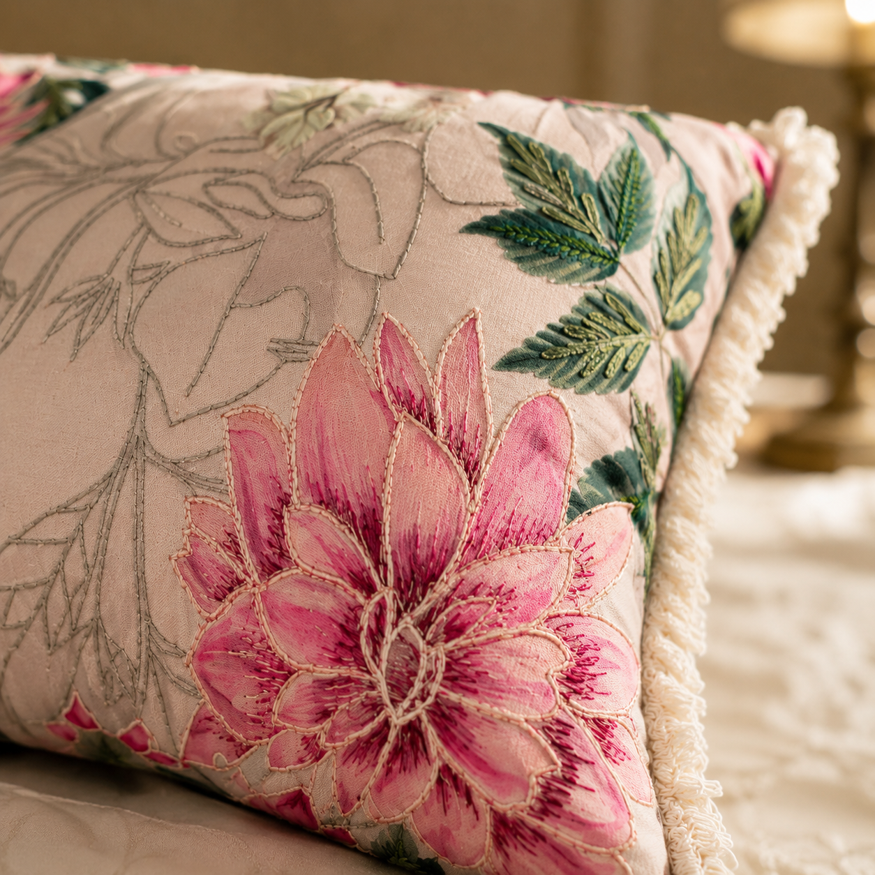 Blush Dahlia Fringe Lumbar Cushion
