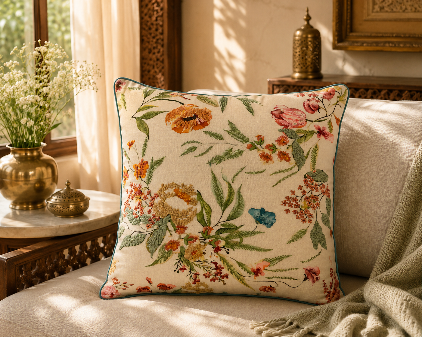 Meadow Bloom Embroidered Cushion