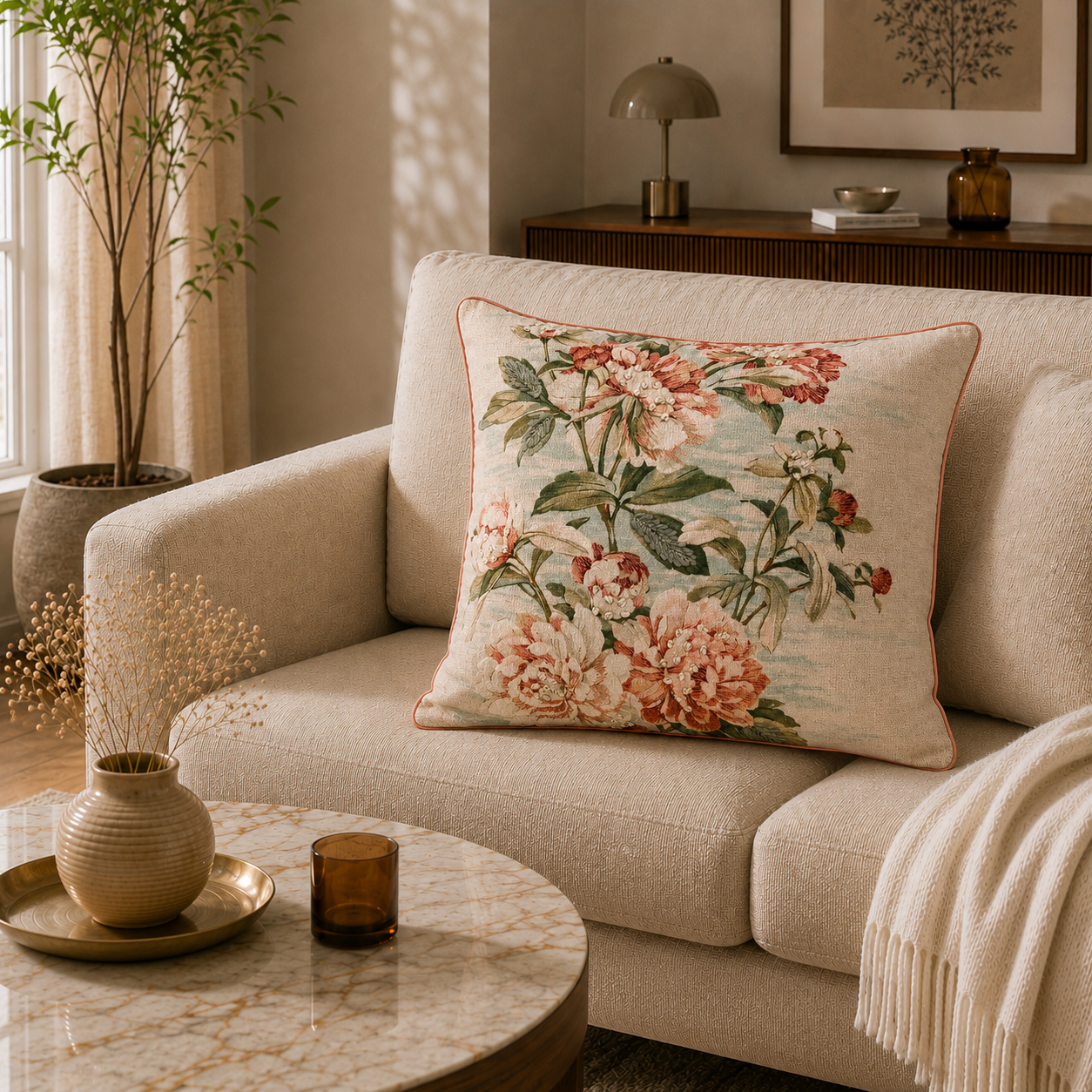 Coral Peony Garden Embroidered Cushion