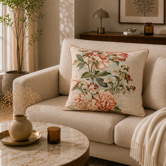 Coral Peony Garden Embroidered Cushion