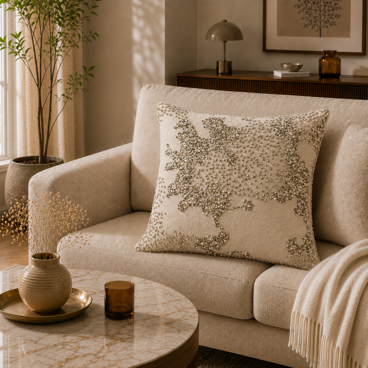 Ivory Pearl Cascade Embellished Cushion