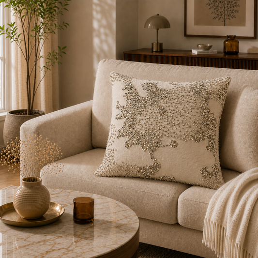 Ivory Pearl Cascade Embellished Cushion