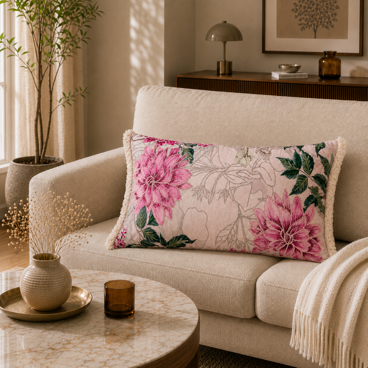 Blush Dahlia Fringe Lumbar Cushion