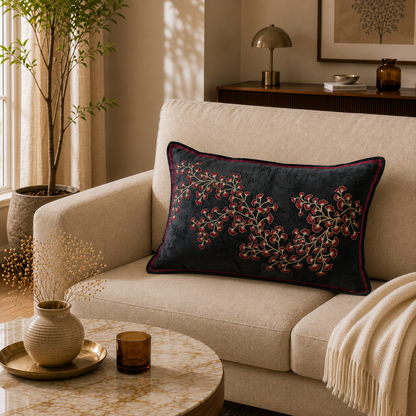 Midnight Blossom Embroidered Velvet Cushion