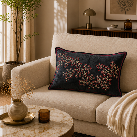 Midnight Blossom Embroidered Velvet Cushion