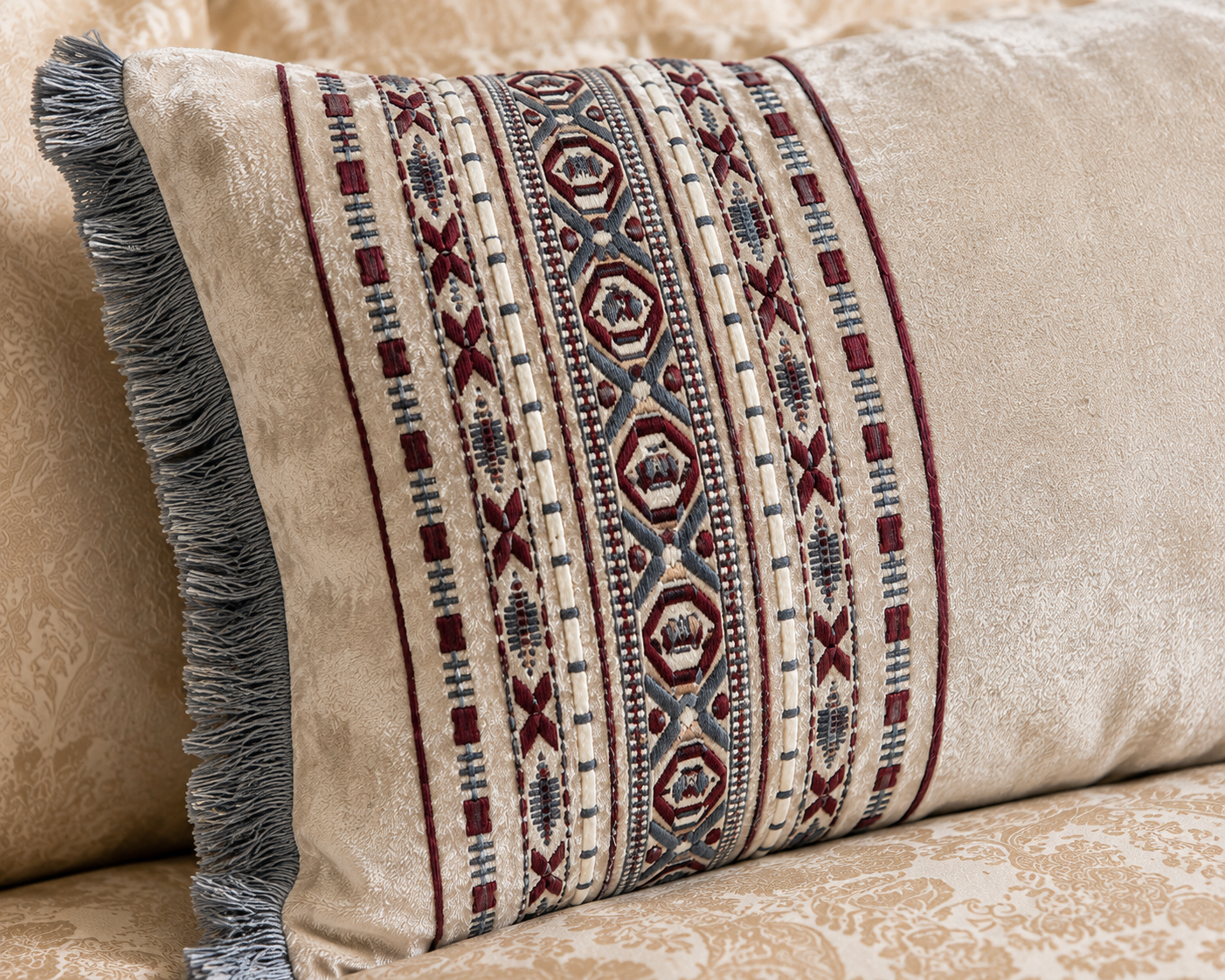 Ivory & Multicolor Tribal Border Lumbar Cushion