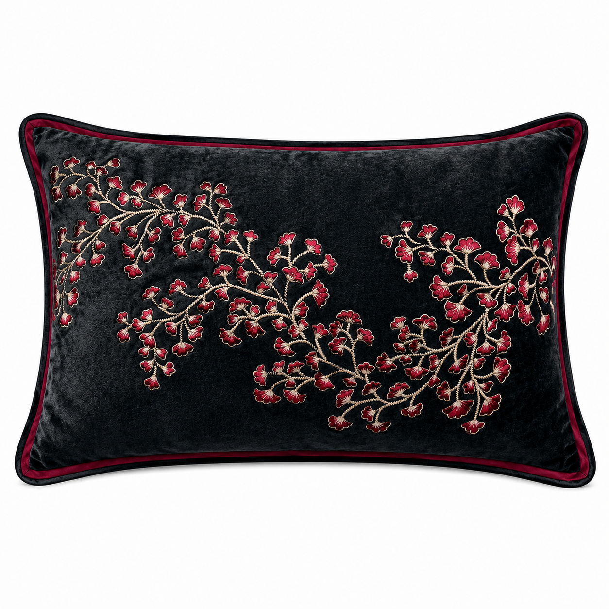 Midnight Blossom Embroidered Velvet Cushion