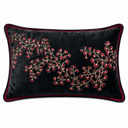 Midnight Blossom Embroidered Velvet Cushion