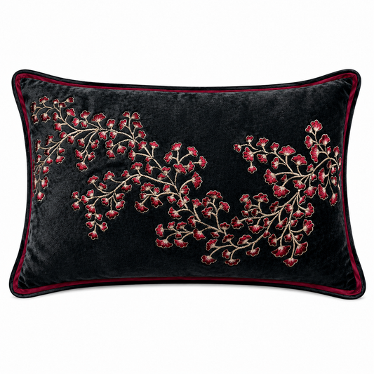 Midnight Blossom Embroidered Velvet Cushion