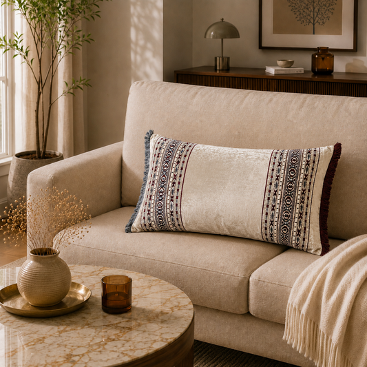 Ivory & Multicolor Tribal Border Lumbar Cushion