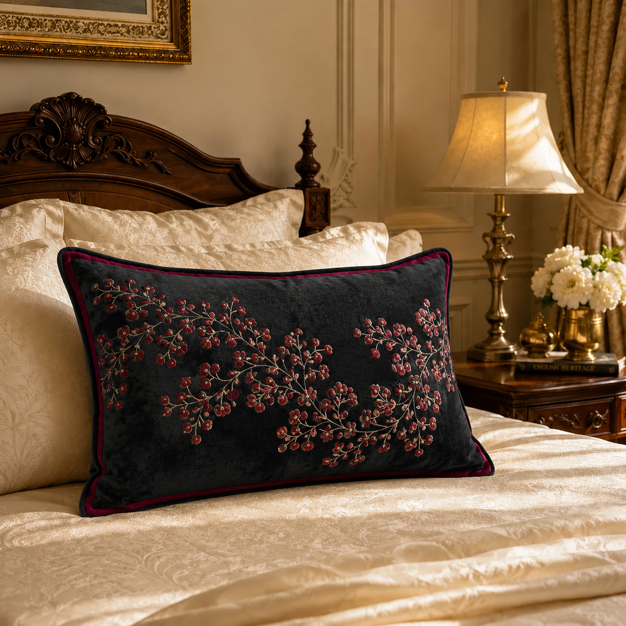 Midnight Blossom Embroidered Velvet Cushion