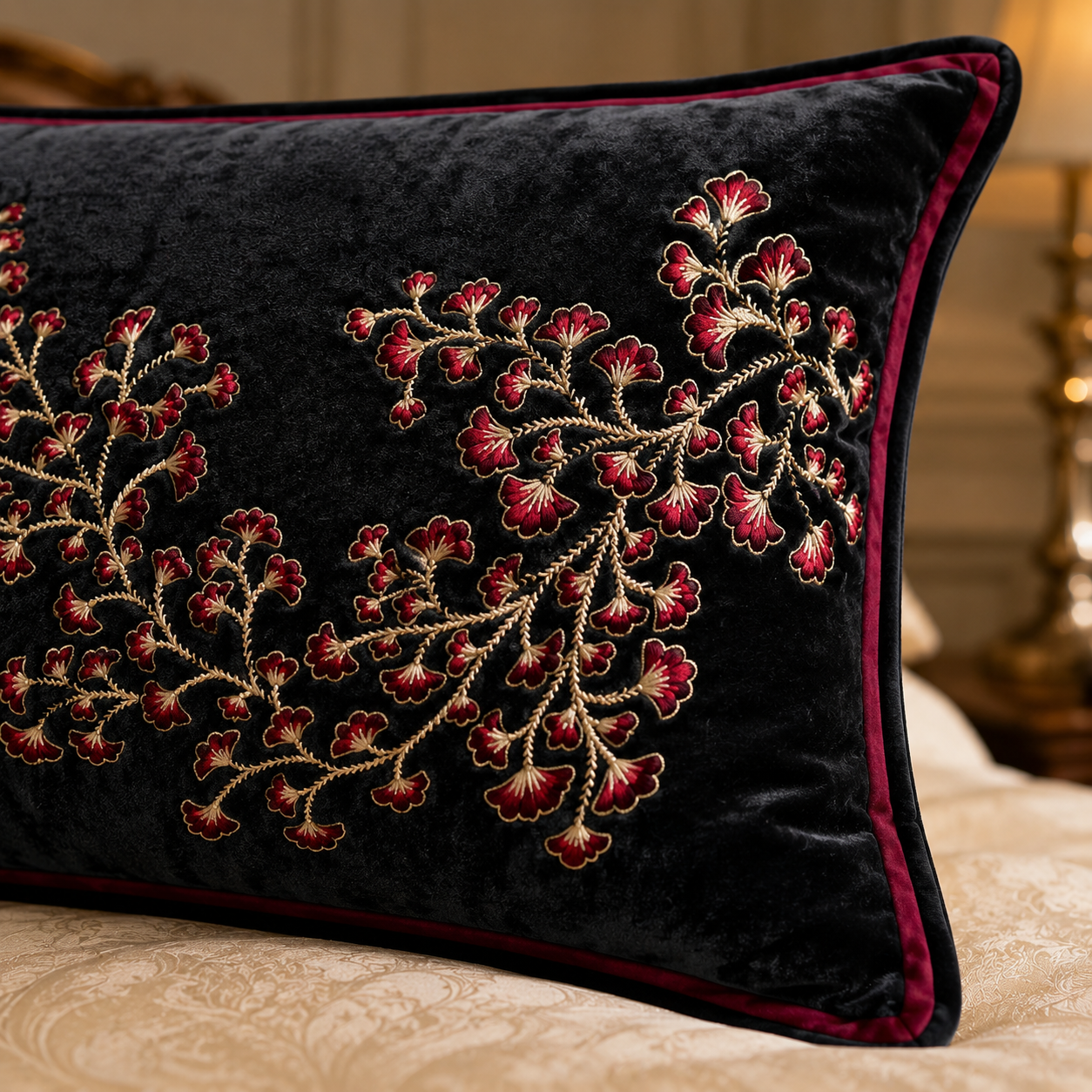Midnight Blossom Embroidered Velvet Cushion