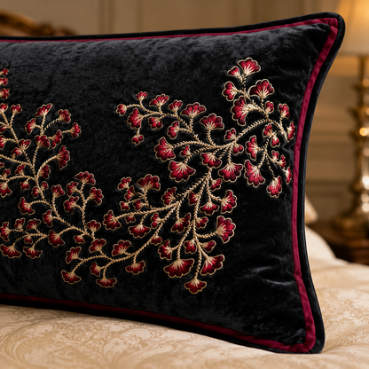 Midnight Blossom Embroidered Velvet Cushion